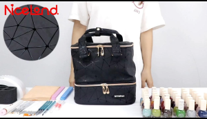 Double Layer Nail Organizer 30 Grids PU Nylon Manicure Bag Handbag Cosmetic Organizer Bag Nail Polish Gel Nail Organizer 30 Grids with Handle Manicure Bag Professional Handbag Nylon Double Layer Makeup Bag