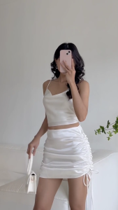 Set Chân Váy Ngắn Rút Dây và Áo 2 Dây Cổ Đổ Croptop FILILO Vải Lụa Form chuẩn Thiết kế Cao cấp