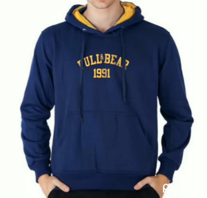Jaket Hoodie Jumper Pull&Bear Bahan Kain Fleece Warna Navy Blue Kombinasi Kuning