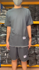 LJ- Men Short Sleeves Shirt Short Pant Casual Set Waffle Loose Street Wear Sports Clothes 休闲套装男衣服裤子假两件