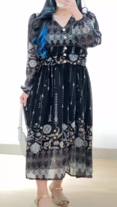 6207 Layla Button Strap Long Sleeves Midi Dress Wanita