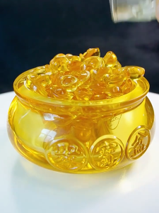 风水轩 Fengshui 新款 聚宝盆 琉璃钱袋 百福缸 米缸 黃水晶琉璃聚寶盆 元寶 開光招财 家居裝飾風水佈局擺件 元宝 水晶 開運 招財 納福 招财聚财