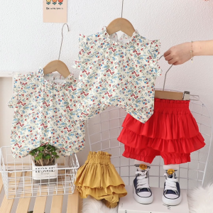 1-4 Years Kids Girl Clothes Set 2PCS Girl Fashion Party Outfit Ruffle Sleeveless Floral T-shirt Solid Shorts Summer Toddler Girl Casual Clothing Suit