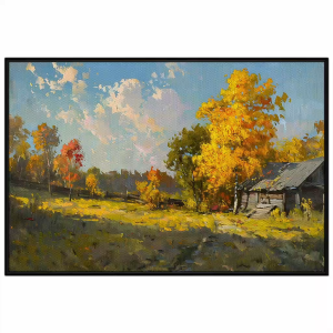 Tranh phong cảnh ngôi nhà nhỏ dưới chân đồi mùa thu vàng levitantranh treo tường dán tườngCGI-876