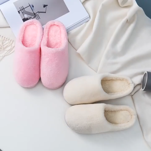 Home plush warm non slip plain color cotton thick bottom indoor slippers for women and mens