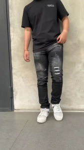 Celana Jeans Panjang Denim Stretch Sobek Lutut Ripped Slimfit - Black Letro 22