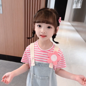 Wanders ชุดเด็กผู้หญิง ชุดเช็ตเด็กผญ ดีไซน์ลายทางแฟชั่นเกาหลี เสื้อยืดผ้าฝ้ายสำหรับเด็กผู้หญิง + กระโปรงเอี๊ยมยีนส์