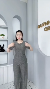 Bộ Nữ Thun LEN XƯỚC Quần Suông + Áo FORM ÔM Tay Ngắn Phối Cúc - Set Nữ