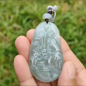 Premium Full Light Green with Good Translucency Natural Type A Jadeite Pendant Necklace crafted with Moutain Trees Houses Bride and Running Water with certificate weigh 28.09 grams 54 * 29.8 * 9.8 mm (pendant36)