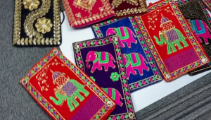 Handmade Womens Raw Silk Embroidered Saree Clutch Mobile Pouch Purse with Waist Clip Wooden Gemstone Painting Key Holder (Pack of 1 pc)