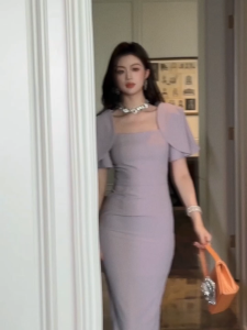 ZYHT EraVogue Váy nữ Váy tím Váy tay phồng Váy cổ vuông Váy công sở Váy Hiso Váy cổ điển Váy công sở Váy dự tiệc Váy dạ hội 9822