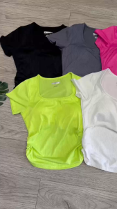 Áo thun nữ tập gym yoga aerobic thể thao ngắn tay nhúng hông có mút thun gân co dãn 4 chiều BINSPORTS A297