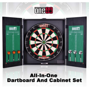 ONE80 DARTBOARD CABINET WITH ACHIEVER BOARD - FULL SET UP PRO ACHIEVER DART BOARD SET FOR HOME/ BAR / GAME ROOM