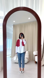 NANDO ATASAN KEMEJA WANITA MERAH PUTIH BAHAN KATUN SALUR IMPORT KOMBINASI KATUN POPLIN PREMIUM