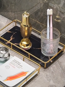 Marbled Glass Decorative Tray - Metal Frame Storage Rack | Cosmetic Shelf for Bathroom & Desktop