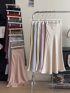 Foto nyata dari rok satin tebal rok ramping berpinggang tinggi baru rok A-line ramping warna solid panjang sedang dengan