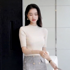 New Style 2025 Women's Short-Sleeved Knitted Blouse & Round Neck Casual Plain Top