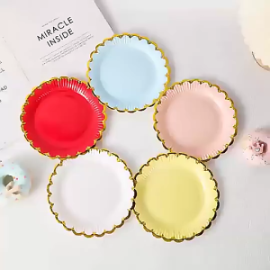 Disposable Paper Plate Pastel Scalloped Paper Plates Disposable Party Plates 9 Inch Gold Edge Colorful Dinner Plates Pastel Rainbow Dessert Plates for Wedding Birthday Baby Shower Party Supplies