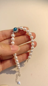 Gelang Tangan Wanita Aquamarine Mutiara Putih Manik-manik Sapphire Blue