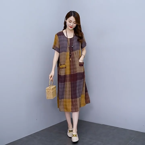 🌟CORE🌟dresses women new style 2025 Summer Plus Size Dresses Women Short Sleeved Plaid Casual Dress