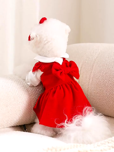 【original】 Whisker Christmas Dress for Dog Doll Collar Flying Sleeve Skirt Pet Clothes for Cat Red Bowknot Decoration Puppy Dress Dog Birthday Clothes