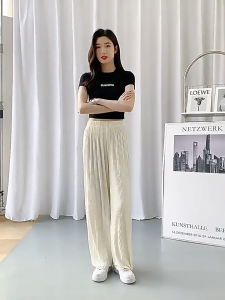 \"Qimareez\" Celana Kaki Lebar Knit Es Musim Panas untuk Wanita Tipis Longgar Ramping Pinggang Tinggi Celana Lurus Panjang Lantai Drapey Kasual Baru