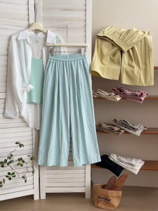 2024 ฤดูร้อนใหม่สไตล์เกาหลีเอวยางยืดลำลองหลวมกระเป๋ากางเกงขากว้างกางเกงขายาวบาง