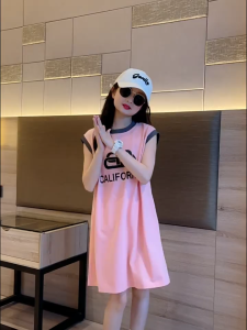 pandu ชุดเด็กผู้หญิง ชุดเดรสเสื้อยืดลำลองสำหรับเด็กผู้หญิง ฝ้าย แขนกุด กระโปรงบาสเก็ตบอล ชุดเสื้อกั๊ก