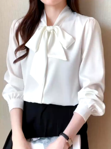 Kualitas Tinggi Putih Hijau Biru Blus Lengan Panjang Warna Solid Fashion Korea Garis Leher Kemeja