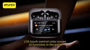Awei T56 ANC หูฟังบลูทูธแบบมีหน้าจอสีขนาดใหญ่-35dB เลือกรุ่น EQ 5.4บลูทูธพร้อมหูฟังการค้นหาวอลเปเปอร์การเลือกเสียงเชิงพื้นที่หูฟังเอียร์บัดแบบไร้สาย
