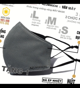 Khẩu trang vải chống nắng 3 lớp chống Tia UV chống bụi mịn không nẹp mũi màu Xám Chì Azumikichi BZ5