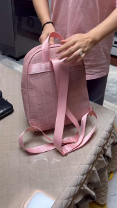 CJY SHOP#335 Fashion Pu-leather 12inches backpack for Women features checkered grid pattern with a gold-tone zippers.