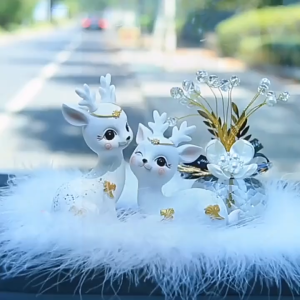 Bộ đôi hai chú hươu sao gốm trắng trang trí taplo xe hơi