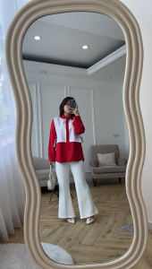 NANDO KEMEJA MERAH PUTIH PINGGANG RIBBON BAHAN KATUN POPLIN PREMIUM IMPORT LENGAN PANJANG 662