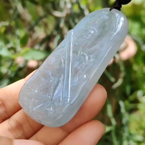 Light Lavender Very unique old Natural Type A Jadeite Pendant come with certificate Crafted with Guanyin and the monkey god with a hugh golden cudgel weight 33.74 grams 62.80 * 35.70 * 6.30 mm suitable for daily wear or collection (pendant117)