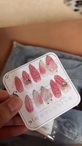 FUNLALA Handmade Artificial Nail Sweet Love Crystal Phototpy Nails Reusable and Removable Nails