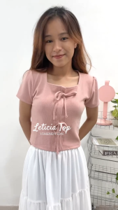 Vimendy Leticia Square Top | Atasan Wanita Bahan Knit Pink Lengan Pendek Puffy