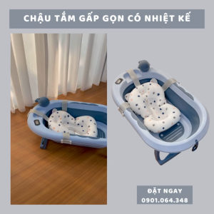 Chậu tắm cho bé gấp gọn kèm phao có nhiệt kế 9BABY màu xanh biển
