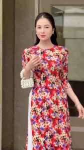 Áo dài gấm in hoa lan cổ tròn dành cho nữ thanh lịch AD049