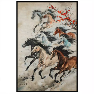 Tranh phong thủy mã đáo thành công phong cảnh thủy mặc 9 con ngựa đón lộc mừng xuântranh treo tường dán tường.CGI-693