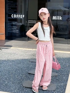 Ice Silk Pants for Kids Girls Wide Leg Pants Wave point design Breathable and Comfortable Summer Pants Chiffon Ice Silk Mosquito Proof Pants 7-15Years