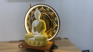 Tượng Phật Thích Ca ngồi đài sen và vòng đèn led Bát Nhã Tâm Kinh xông trầm hàng gốm sứ mỹ nghệ nhập khẩu cao cấp