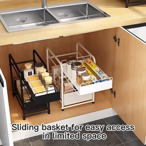 2 Tier Under Sink Organizer Expandable Adjustable Rack MultiFunctional Spice Rack Kitchen Rack Stackable Cabinet Organizer Pull Out Drawer Cabinet Storage Shelf