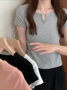 Kaos katun premium lengan pendek kerah V Wanita Fashion korean Kekinian Lengan Pendek