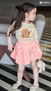 Set Melisa cho bé gái in hình Capybara đáng yêu Váy hè cho bé Áo thun cotton chân váy bí cho bé