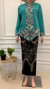 Kebaya Encim Bordir Merah Bata Motif Bunga Tangan Panjang Katun Mikro Premium Nuansa Modern