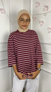 Baju Atasan Wanita Oversize Oval Salur Blus Katun CVC S M L XL XXL 3XL Blouse Remaja Korean Style