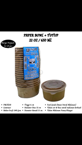 Paper Bowl ukuran 650 Ml dan Tutup Mangkok Kertas (Isi 25 Pcs-PBLK650)