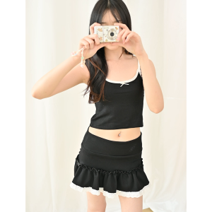 Gangnam Skirt กระโปรงเอวต่ำ ปักโลโก้ เเต่งขอบลูกไม้ กระโปรงมีซับในกางเกง