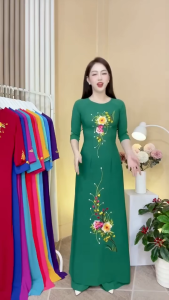 Áo dài truyền thống thêu hoa màu xanh size SMLXLXXL2XL3XL4XL